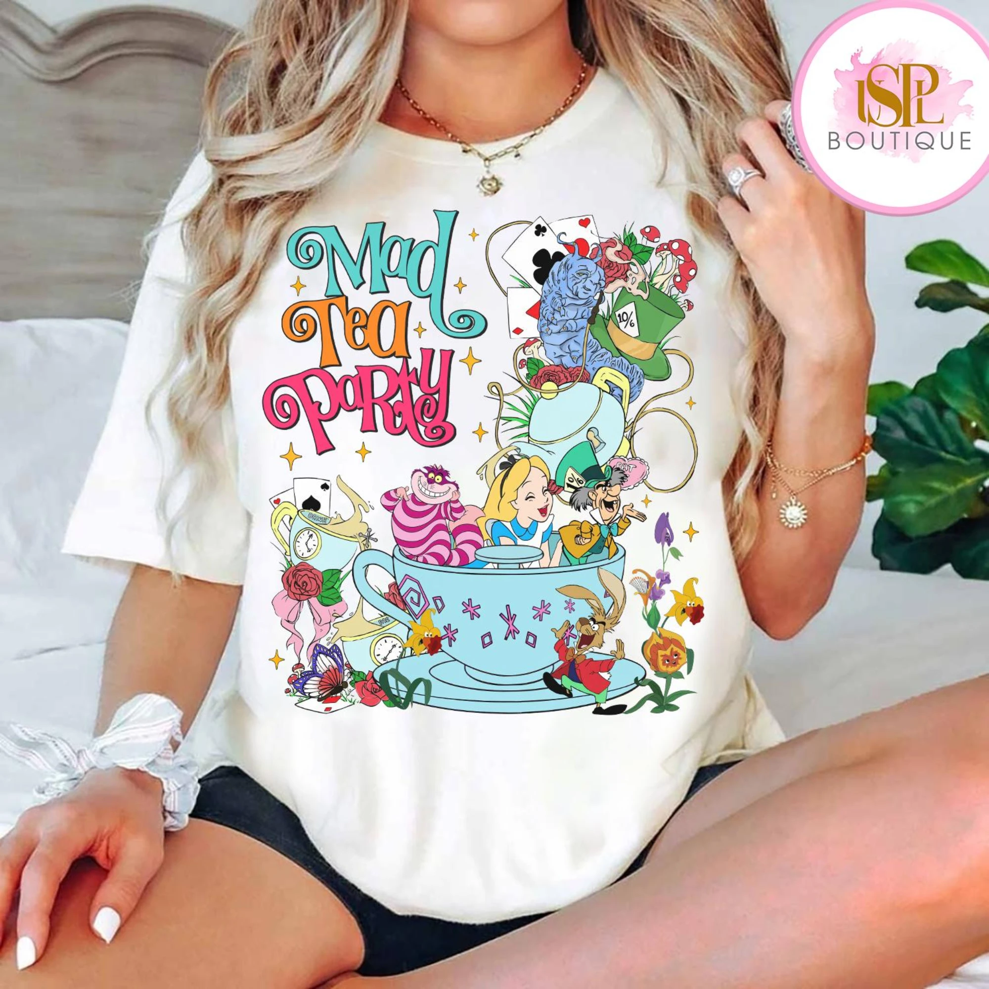 2025 moda de verano Retro Crazy Tea Party Alicia en el país de las Maravillas camisa flor Alicia el Sombrerero loco Cheshire gato oruga camisa