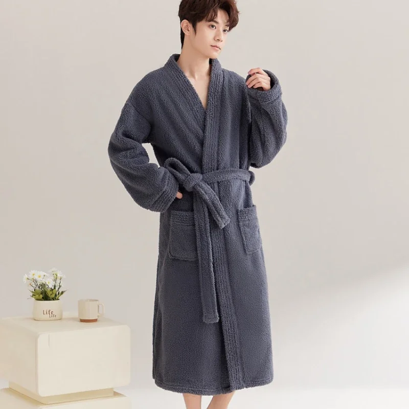 2024 New Men's Winter Thick Flannel Robes Sexy V-neck Dressing Gown Solid Soft Warm Fleece Robes for Men Casual Home Sleepwear