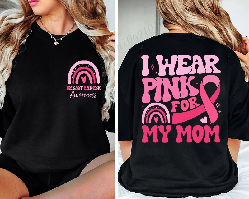 I Wear Pink for Breast Cancer Print Women T-Shirt Pink Ribbon Support Squad Shirt for Women Fashion Casual Clothes Summer Tshirt