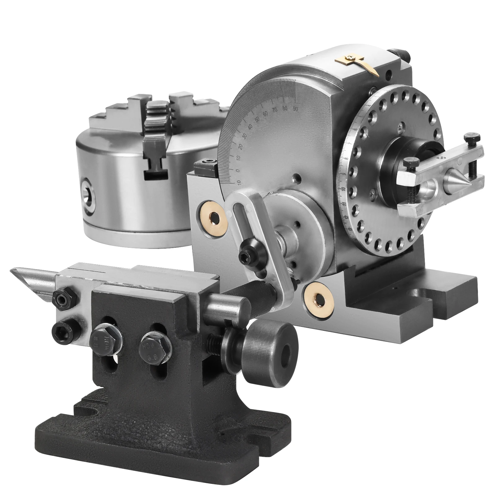 Kepala Pembagi Presisi Universal Sihao BS-4in/5in/6in 3-Jaw Indexing Head Tailstock & Chuck untuk Pengeboran, Penggilingan, dan Pengasahan