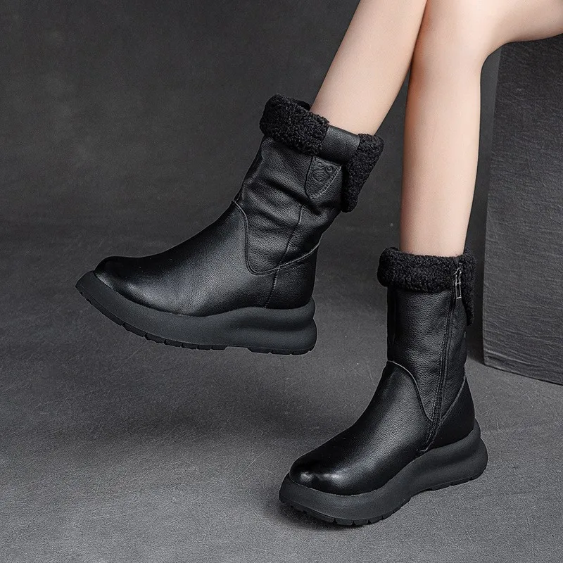 GKTINOO 100% Genuine Leather Winter Shoes Women Snow Boots Flat Non-slip Cow Leather Ladies Winter Ankle Botas Warm Black