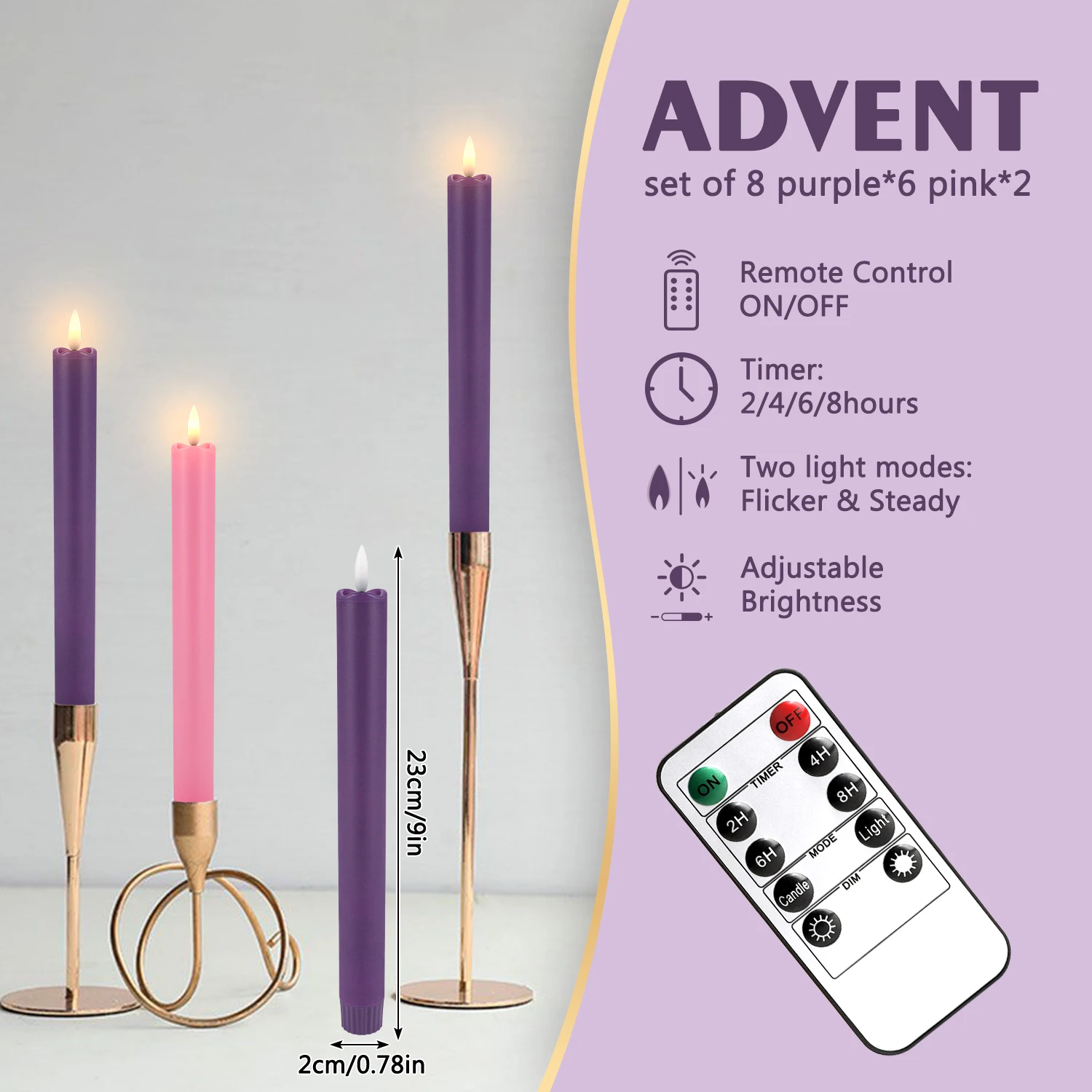 8-pack pink-purple LED electronic candles with remote control, ideal for Advent and Christmas decorative lighting