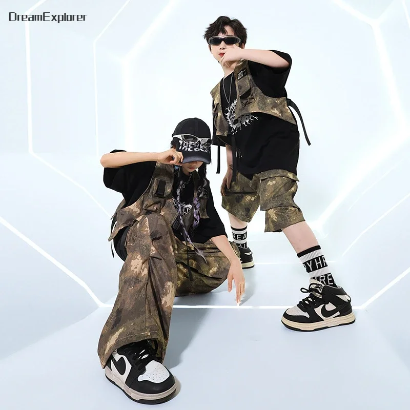 Girls Hip Hop Camouflage Vest T-shirt Military Cargo Pants Boys Street Dance Shorts Kids Jazz Clothes Sets Children Streetwear