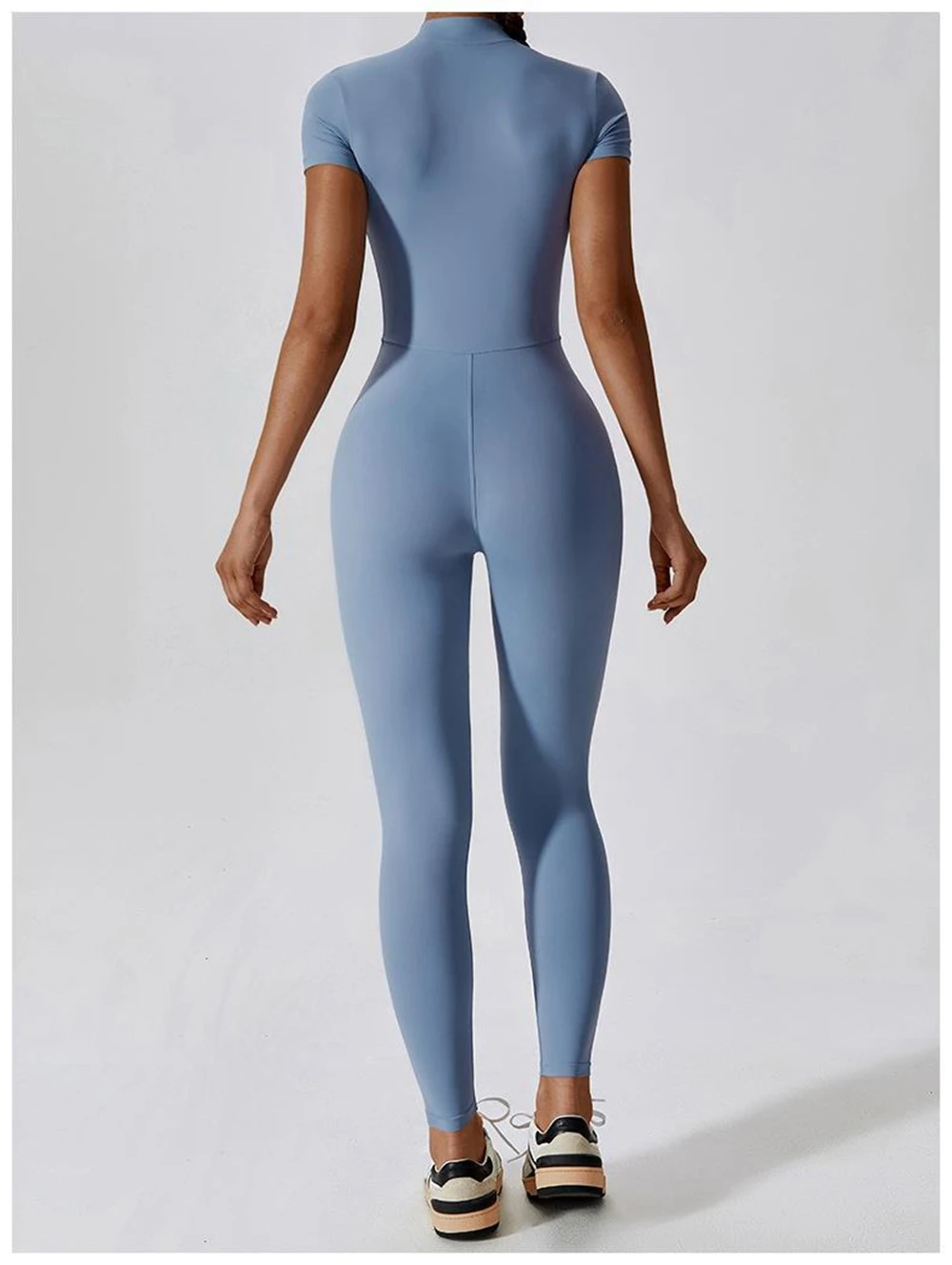 Combinaisons de Yoga à manches courtes pour femmes, coupe cintrée, extensible, une pièce, barboteuse Sexy, Fitness, fermeture éclair élastique, vêtements de sport, bleu ciel
