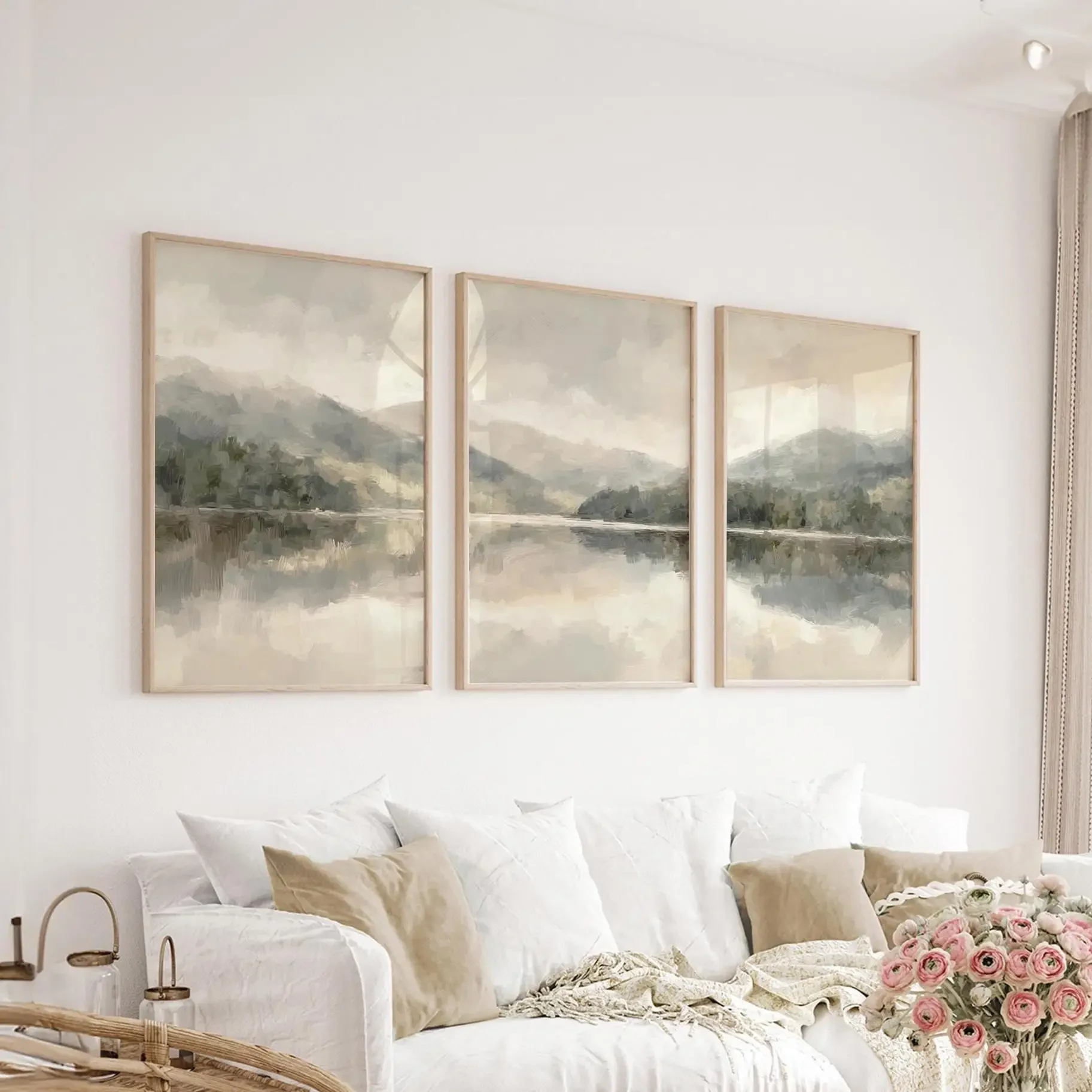 Peaceful Lake Countryside Impressionist Wall Art Prints Poster Sage Living Room Art Neutral Kitchen Decor Dark Green Bedroom