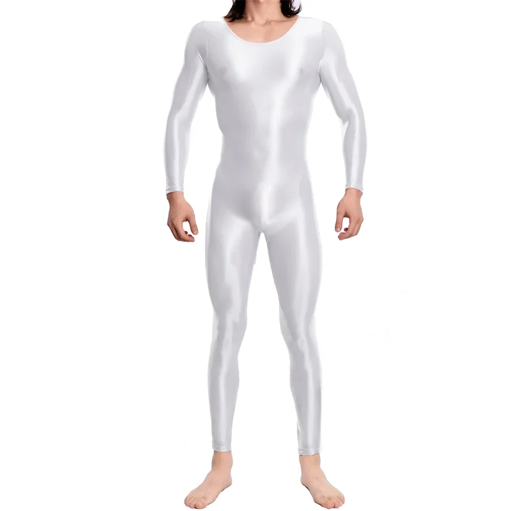 Men's Long Sleeve Bodysuits Oil Shiny Jumpsuits Sexy See Through One-piece Full Body Wrestling Singlet Nightwear Fitness Leotard