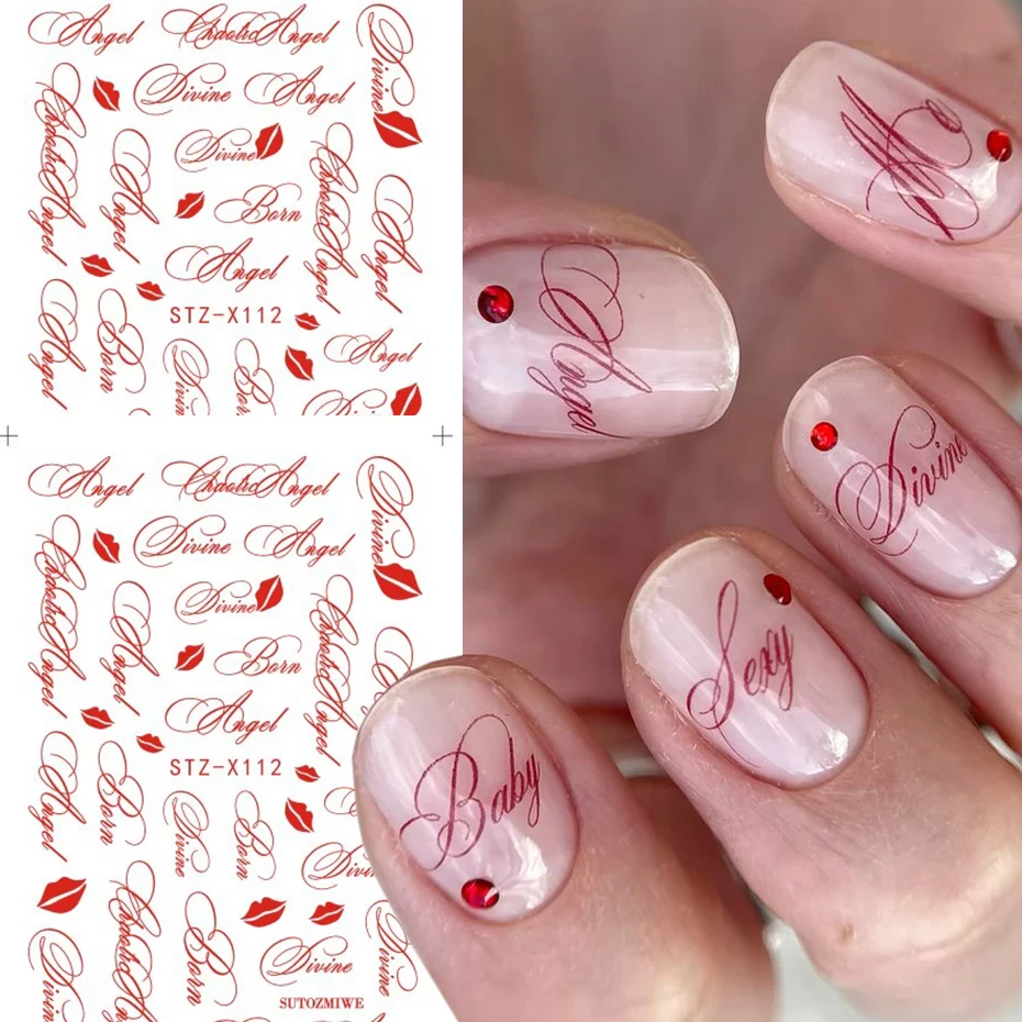 2 Stück rote englische Buchstaben-Nagelaufkleber im Y2K-Stil mit Lippen-Nagelsticker, DIY-Nagelkunst-Dekoration für Frauen – Detail 3