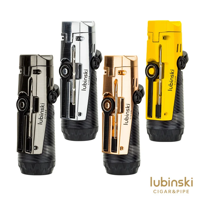 LUBINSKI Metal Windproof Butane Gas Cigar Lighter Creative Portable Outdoor Torch Jet Lighter With Cigar Special Tool Men\'s Gift