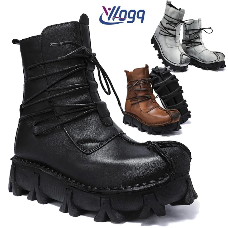 Men's Genuine Leather Motorcycle Boots Skull Punk Mid-clf Boots Work Safety Shoes Rock Combat Boots Winter