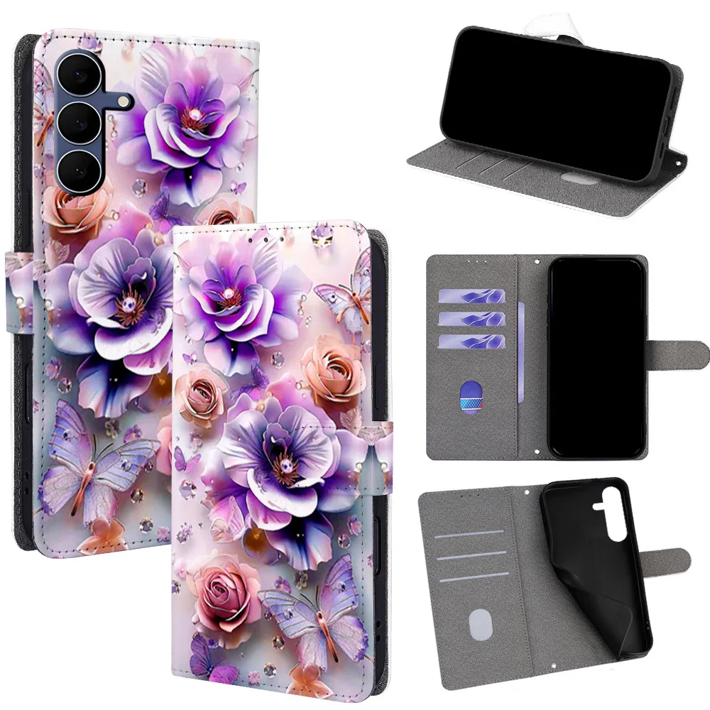

3D Flower Painter Leather Case For Honor 90 Pro 80 GT 70 60 SE 50 30 30S Luxury Magnetic Buckle 3 Cards Slot Wallet Flip Cover