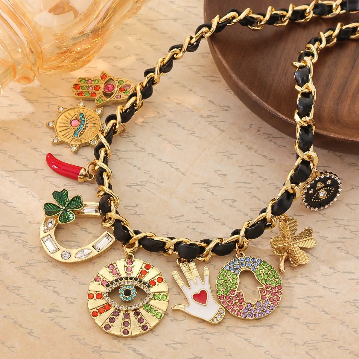 vintage lucky necklace eye charm multi-pendant chain collar chocker  Bohemian style