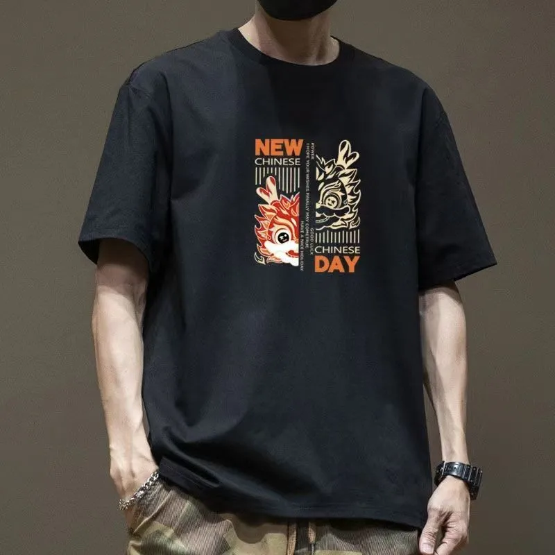 Chinese Red Lion Print T-shirt Men's Summer 2025 New Good luck Short Sleeves 100%Cotton T-shirt Fashion Casual Top mens clothing