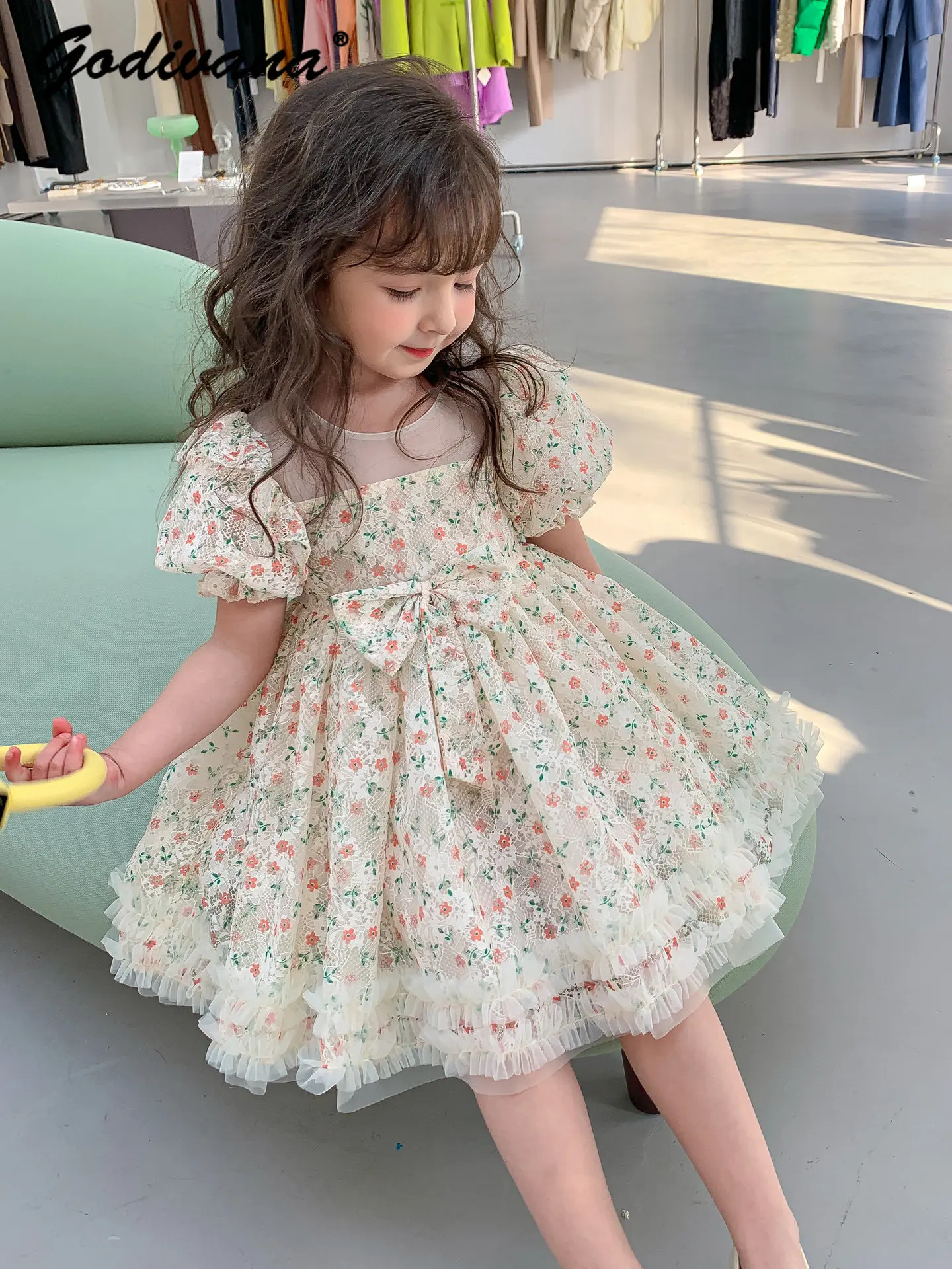 Sweet Baby Girls Summer New Fashion Floral Princess Dress Kids Cute Bow Puff Sleeve High Waist Mesh Ruffle Trim Casual Dresses