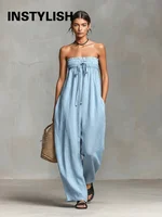 Women Strapless Wide Leg Jumpsuit Casual Cotton Linen Tube Top Romper Summer Beach Long Pants with Pockets Vacation Overalls - Image 4