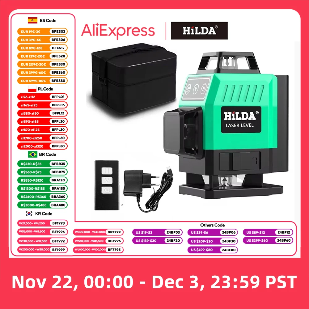 HILDA 4D 그린 레이저 수평 360, 셀프 레벨링, 수직 및 수평, 강한 그린 라이트 빔, 광학 기기, 16 라인 