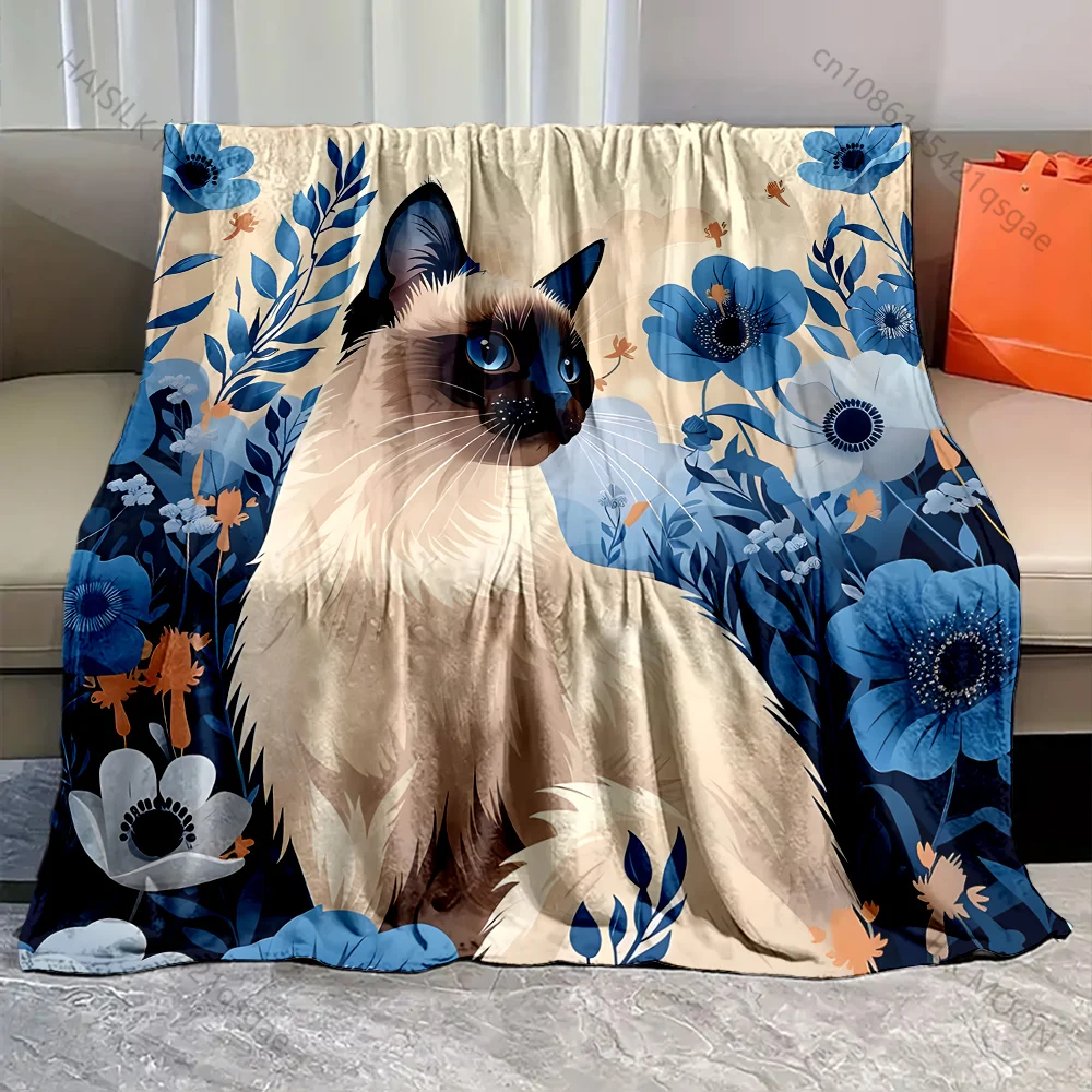 

1 шт. сиамское одеяло с принтом кота и цветов, теплые мягкие роскошные подарки для детей и взрослых, подходит для дома, дивана-кровати, путешествия, автофургона