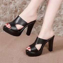 Plus Size 32-43 Leather Thick Sole Platform Shoes Women Slippers Summer 2026 Sexy Block High Heels Slides for Office Daily