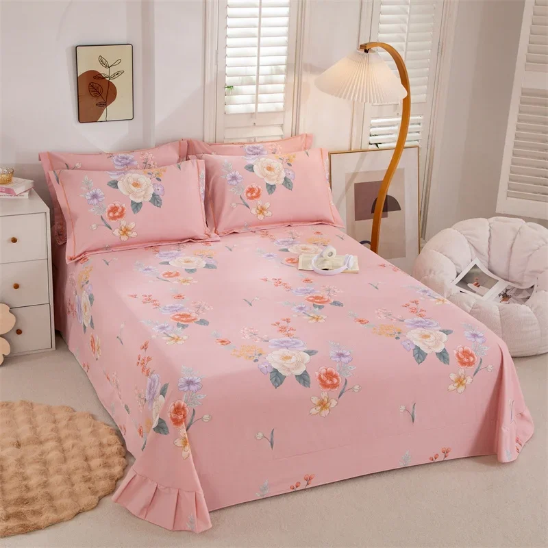 Elegant Flowers Pattern Bed Sheet Set Queen Size Bedsheets with Pillowcases Floral Printed Skin Friendly Cotton Home Bedding Set