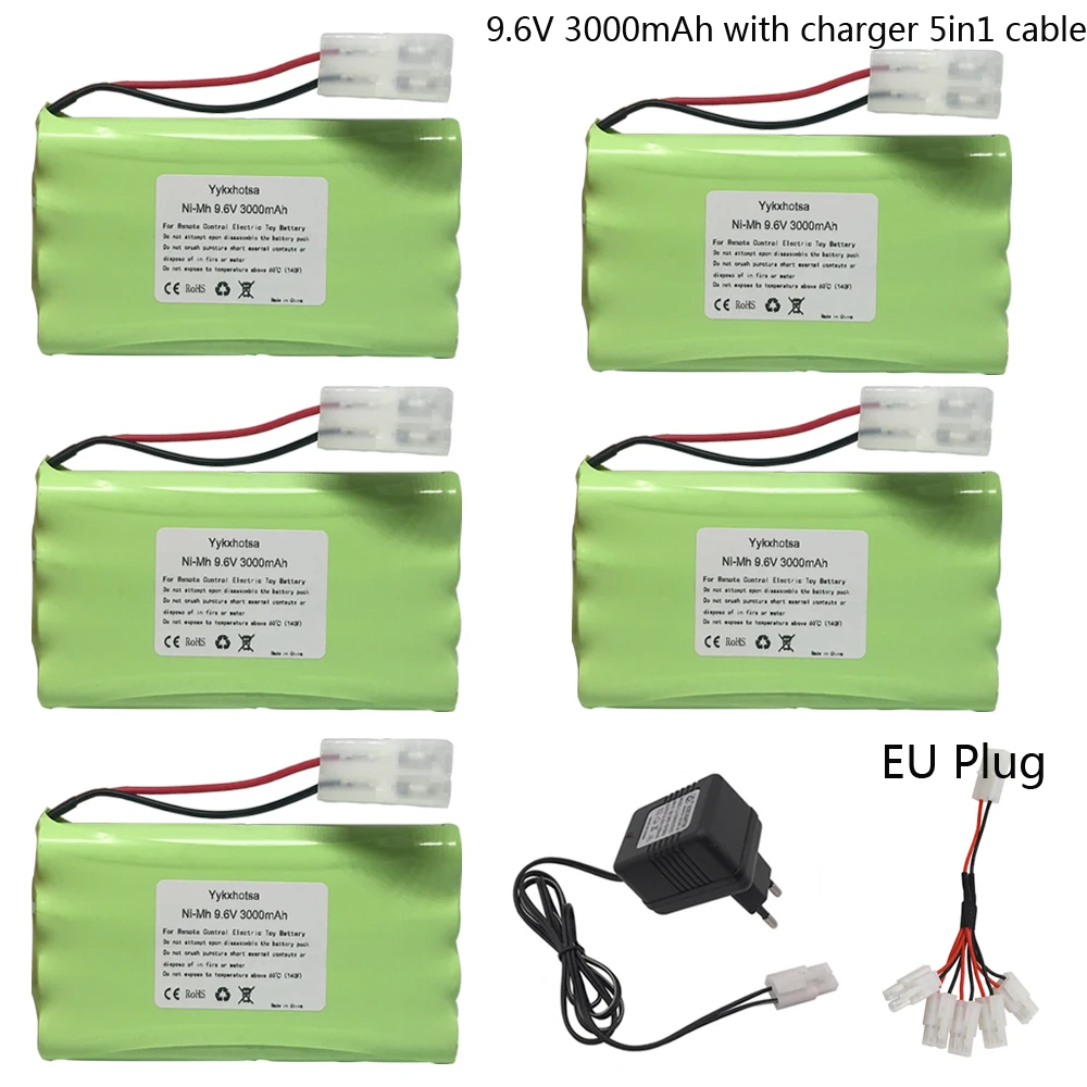 Batterie avec chargeur pour jouets RC, câble 5 en 1, voiture précieuse, train, robot, bateau, odor, AA, 9.6V, NIlaissée, 3000mAh, 9.6V, livraison