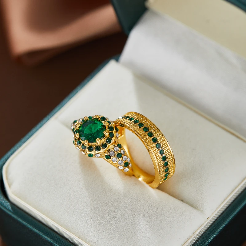 Bagues Hip Hop couleur or pour femmes, ensemble de bagues de mariage en Zircon incrusté de pierres vertes, bijoux de fiançailles de mariée, à la mode
