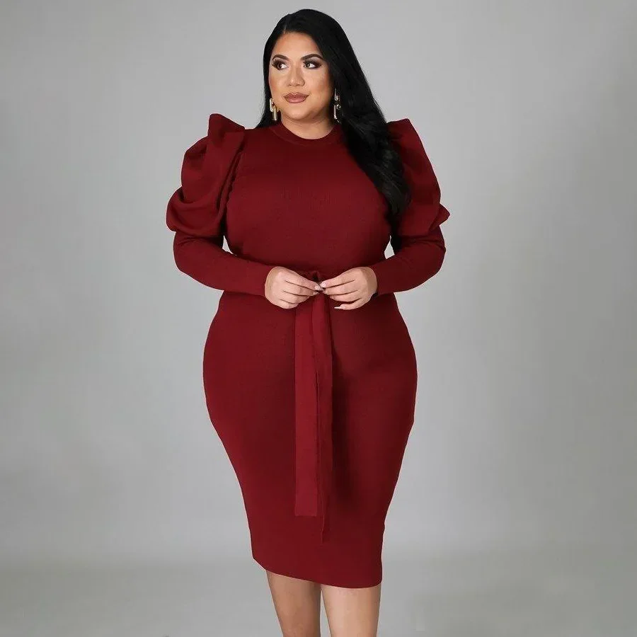 KEXU Spring Plus Size Women O Neck Lantern Long Sleeve Plunging V-neck Bodycon Midi Dress Elegant Sexy Party Night Dresses