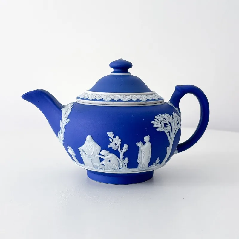 Rare color, British medieval relief dark blue ceramic teapot coffee pot