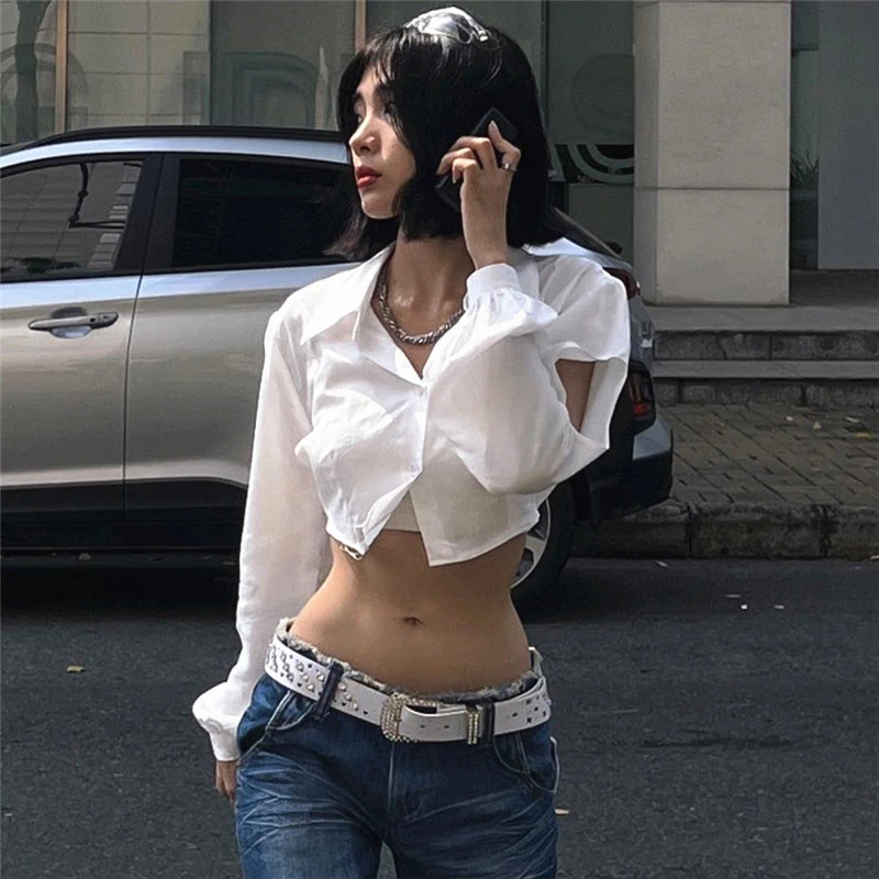 MEXZT Y2K 2000S Cropped White Shirts Women Sexy Hollow Out Long Sleeve Blouses Summer Streetwear Korean Slim Chic Crop Tops New