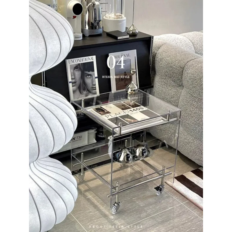 

Transparent acrylic trolley inswind coffee table living room Internet celebrity storage mobile bedsidetable Stainless steel rack