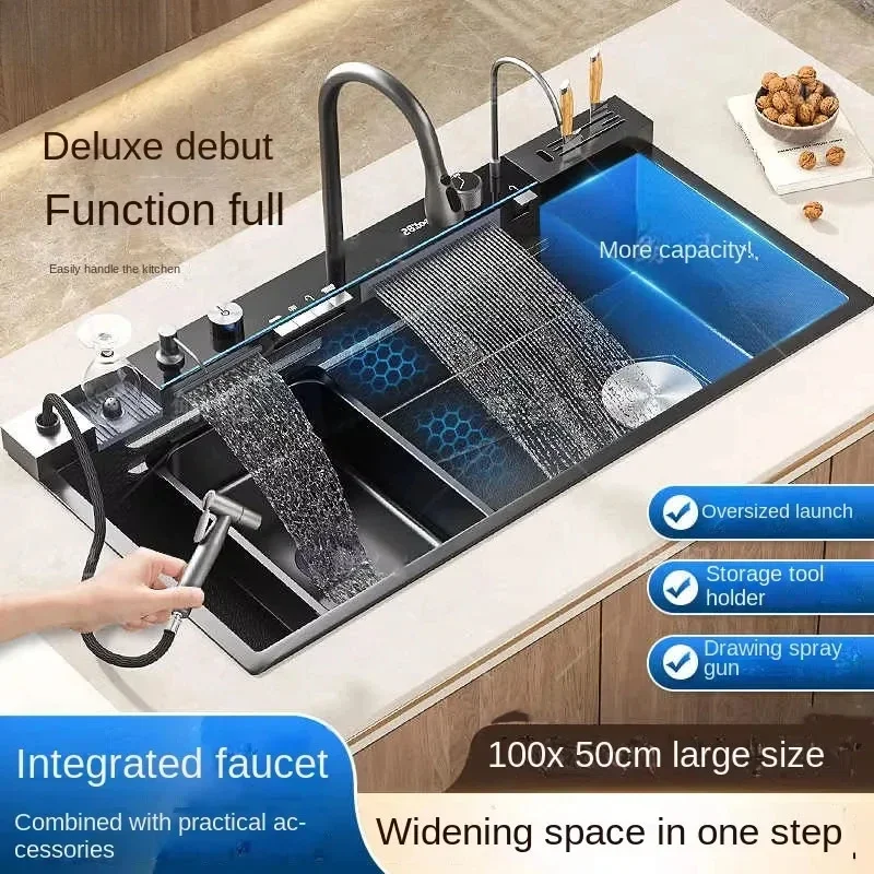 Hot selling Stainless Steel Waterfall Kitchen Sink With Knife Holder Digital Display Faucet Set Embossed Extra Large Single Slot