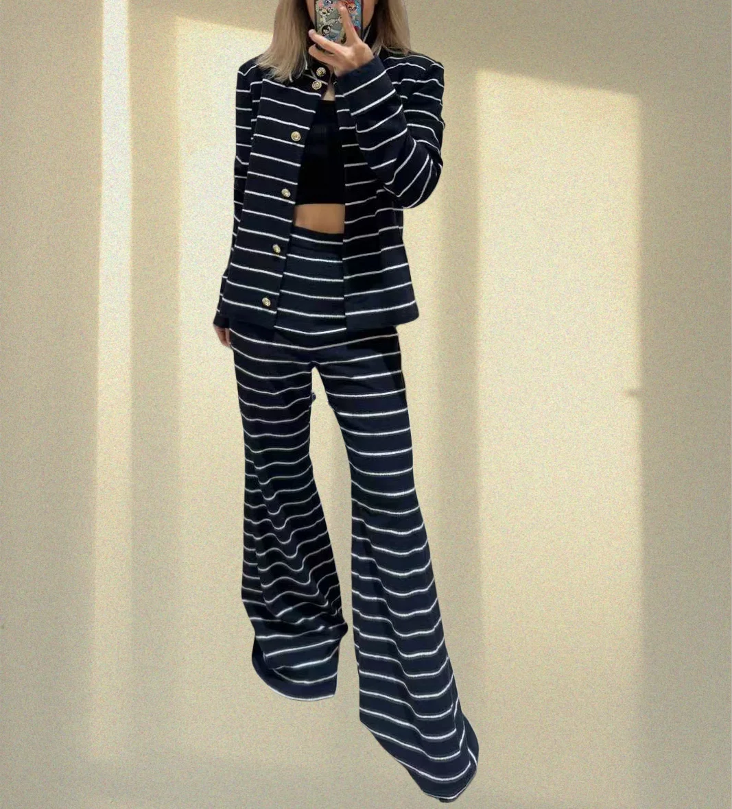 

Women's new jacket striped lapel ART C 26 early spring same style high waisted flared pants tweed runway navy