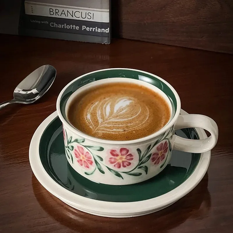 Ceramic Cup Finnish Vintag Hand-painted Floral Latte Latte Tea Water Mug Vintage Niche Coffee Mug and Plate Set Stanley Cups