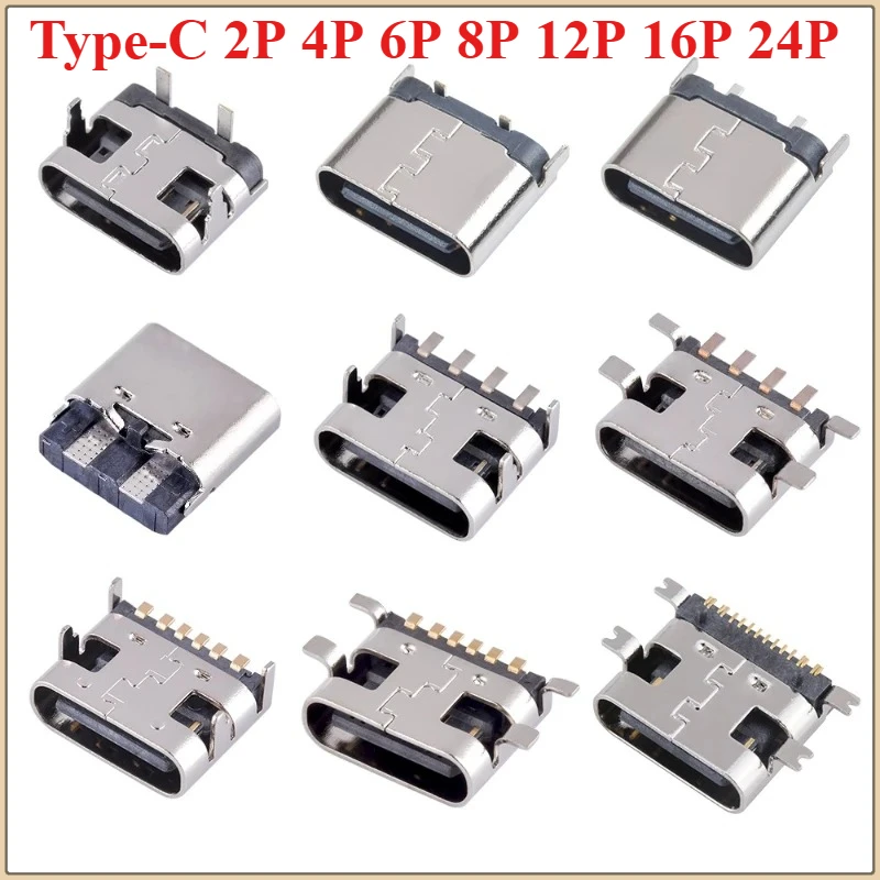 10Pcs USB Connector Type C Female Charging Port Jack 2/4/6/16/24Pin TypeC Socket PCB Soldering SMD SMT DIY Repair Type C Adapter