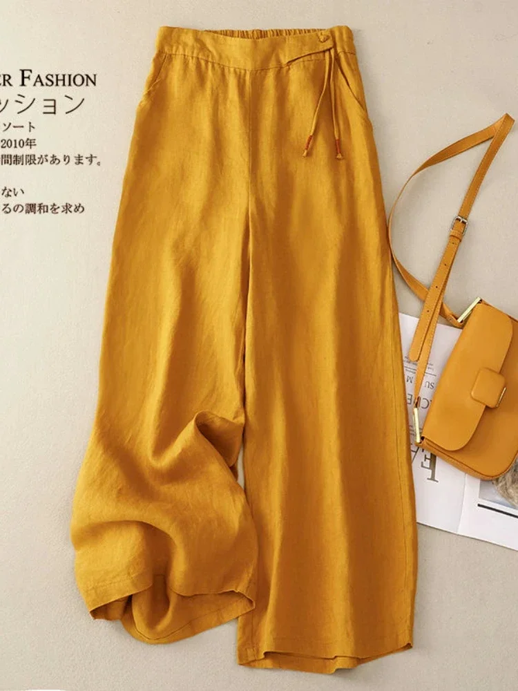 

Retro Artistic Summer Wide Leg Pants Women Elastic High Waist Cotton and Linen Casual Pants Loose Straight Yellow Women's Pants