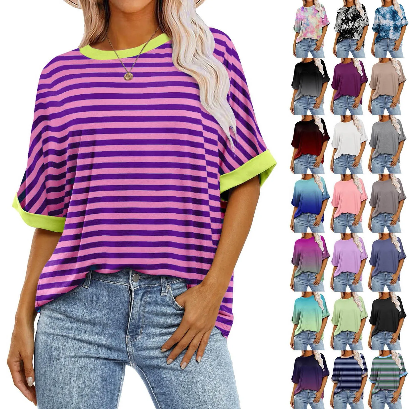 2024 Summer Women\'s T-Shirt Vintage Casual Striped Fashion V Neck Pullover Short Sleeve Printed Loose Daily Tops Design Clothes