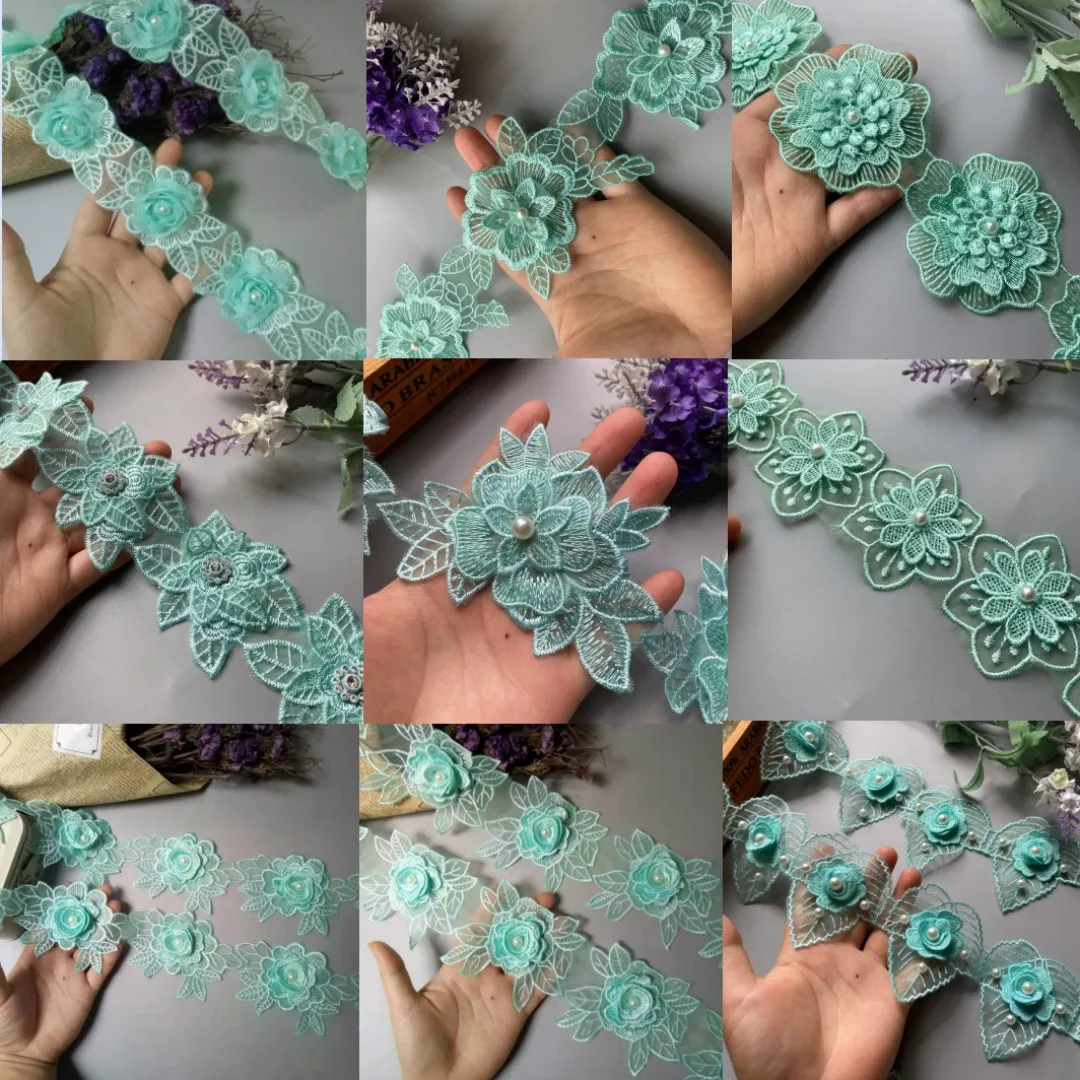 10Pcs/Lot Green Petal Flower Organza Embroidery Fabric Lace Patch Trim Clothes 3D Beading Flower Wedding Dress Diy Applique
