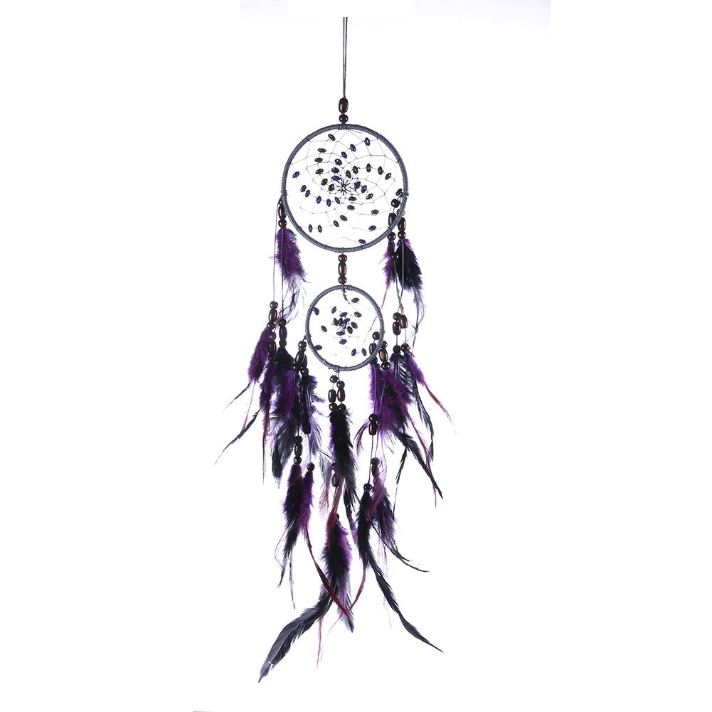 Purple Feather Wall Decor Pendant Hand-woven Car Decor Pendant Two-ring Art Crafts Beads Romantic Creative for Party Decoration