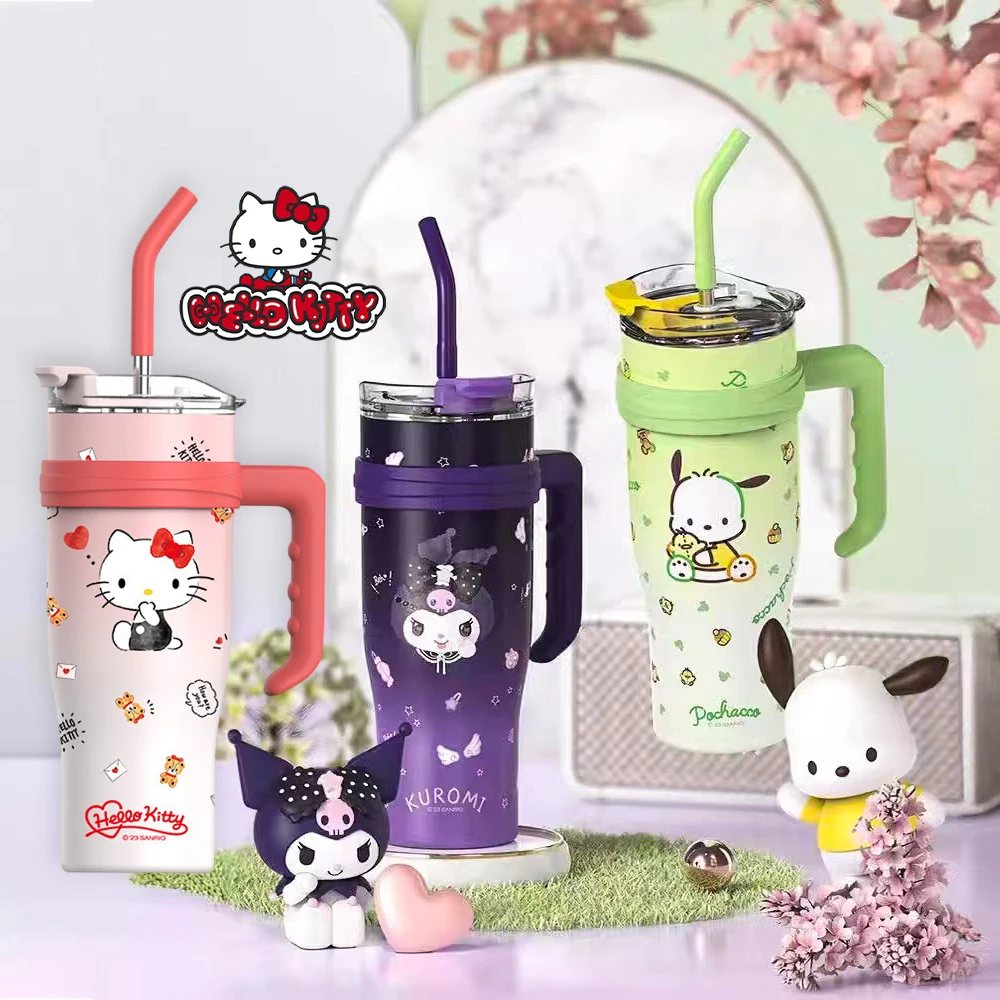 1200ml Hello Kitty Thermos Bottle Cold Ice Sanrio Cute Kuromi Cinnamoroll Melody Stainless Steel Water Bottle Tumbler Straw Gift