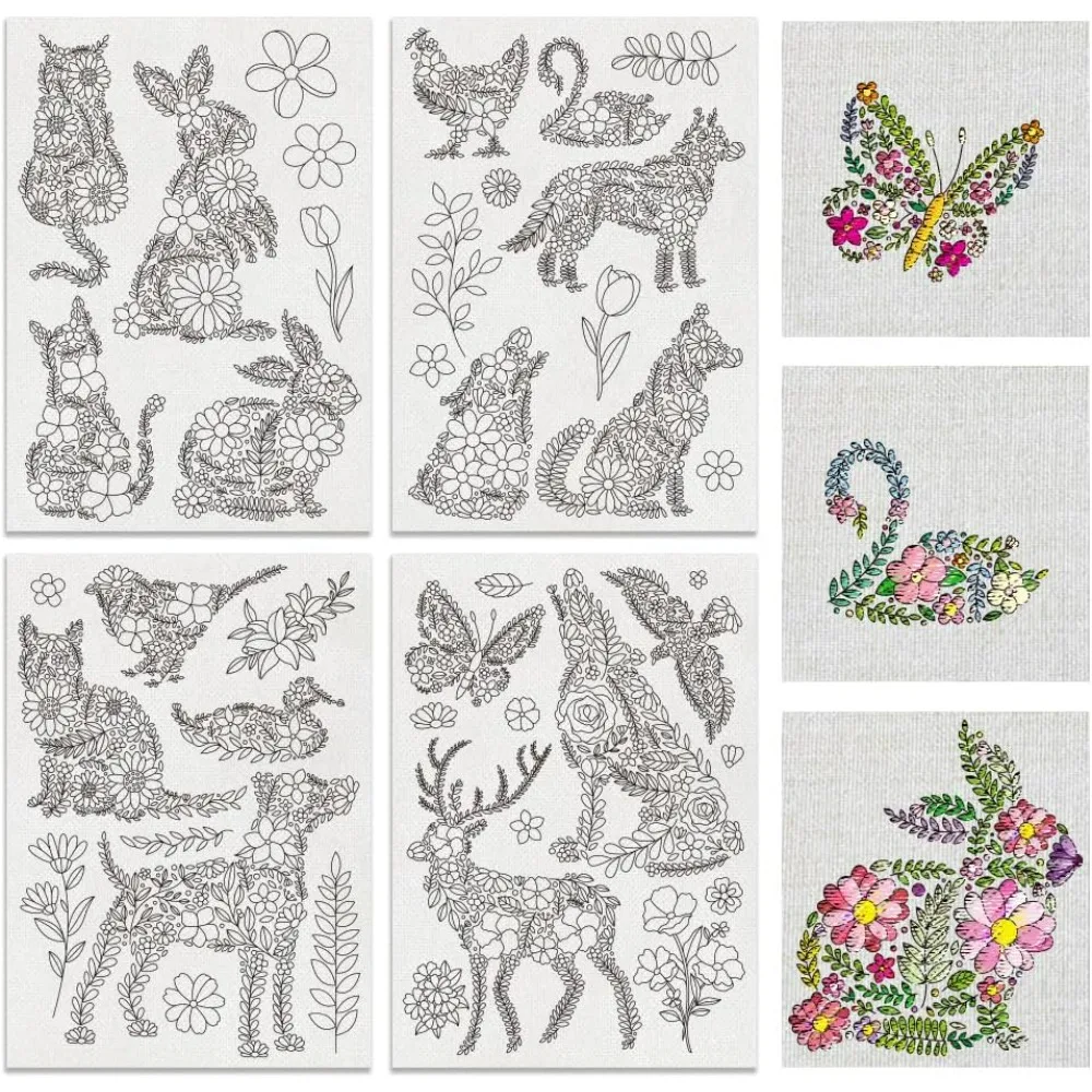 4 Sheets 41pcs Flower Animals Water Soluble Hand Sewing Stabilizers Flower Leaves Pattern Tear Away Embroidery Making Kit