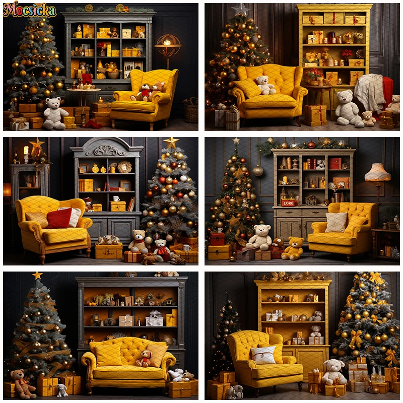 

Christmas Cartoon Bear Photography Background Cabinet Yellow Sofa Xmas Tree Newborn Baby Backdrop Kids Portrait Photo Studio