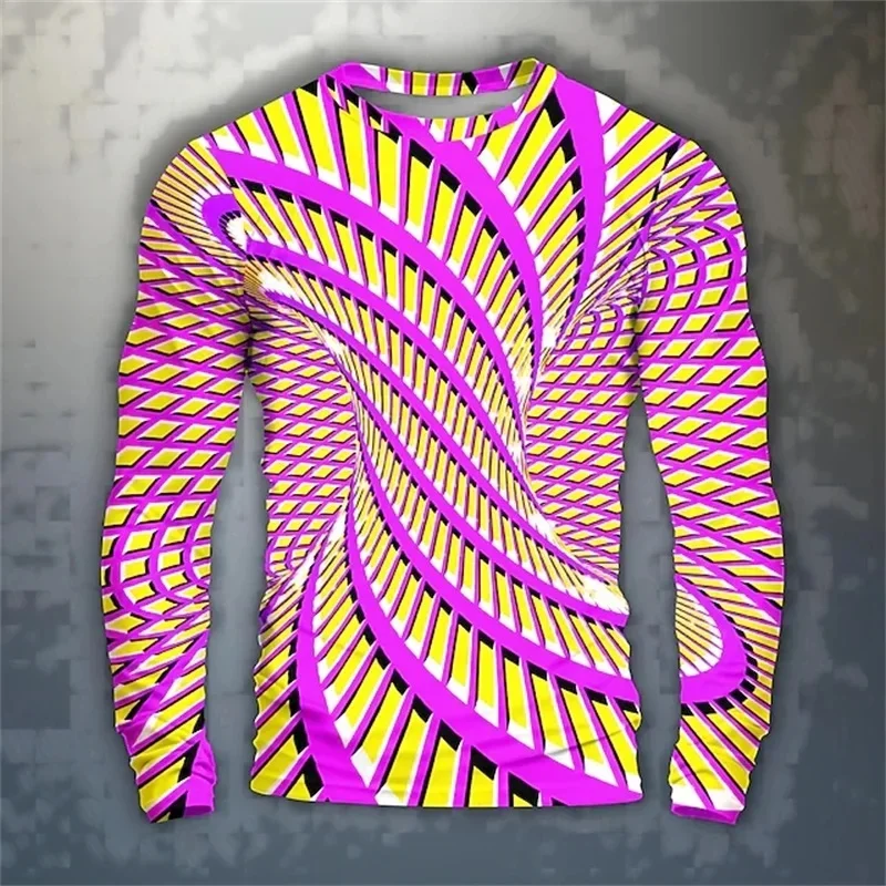 Full Print Geometric Optical Illusion Visual Graphic Tshirt For Men Casual Artistic Long Sleeve Crew Neck Tee Shirts Clothes