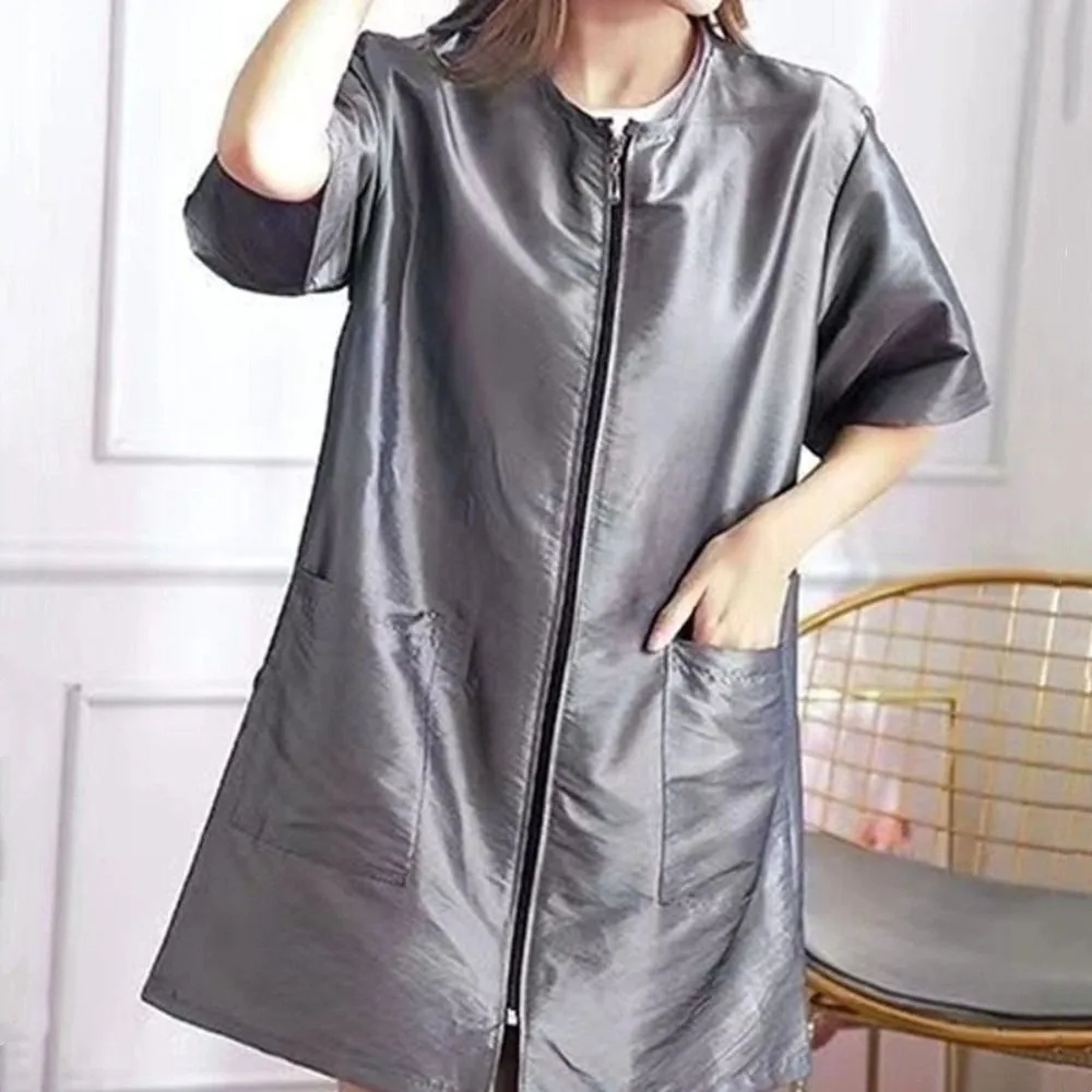 

Рабочая одежда для парикмахерской с короткими/длинными рукавами, полиэстер, легкий парикмахерский халат на молнии, дышащий антипригарный халат для волос