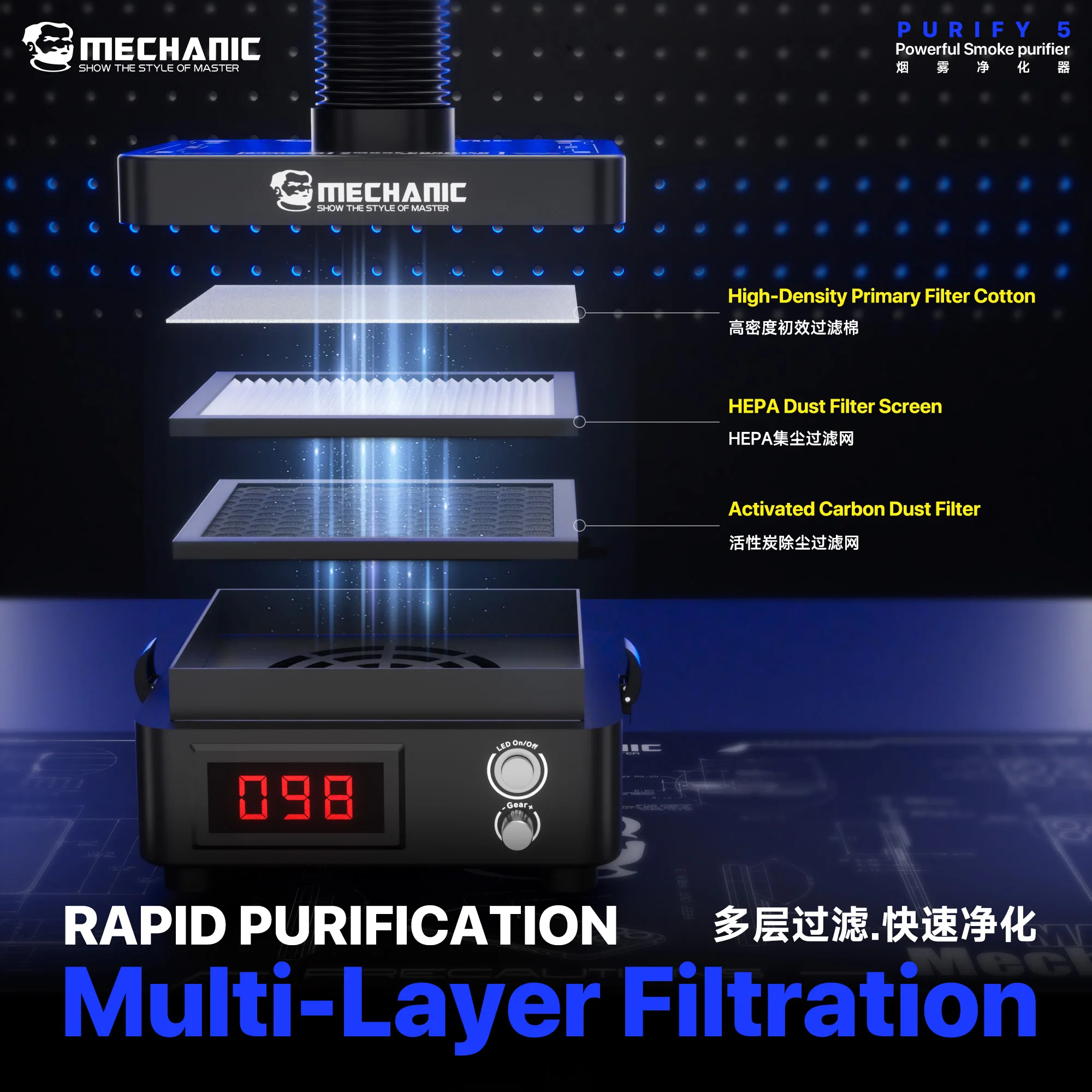 MECHANIC PURIFY 5 Smoke Purifier 24V Brushless Motor Multi-Layer Filtration Flexible Hose LED Light For Soldering Repair Tools