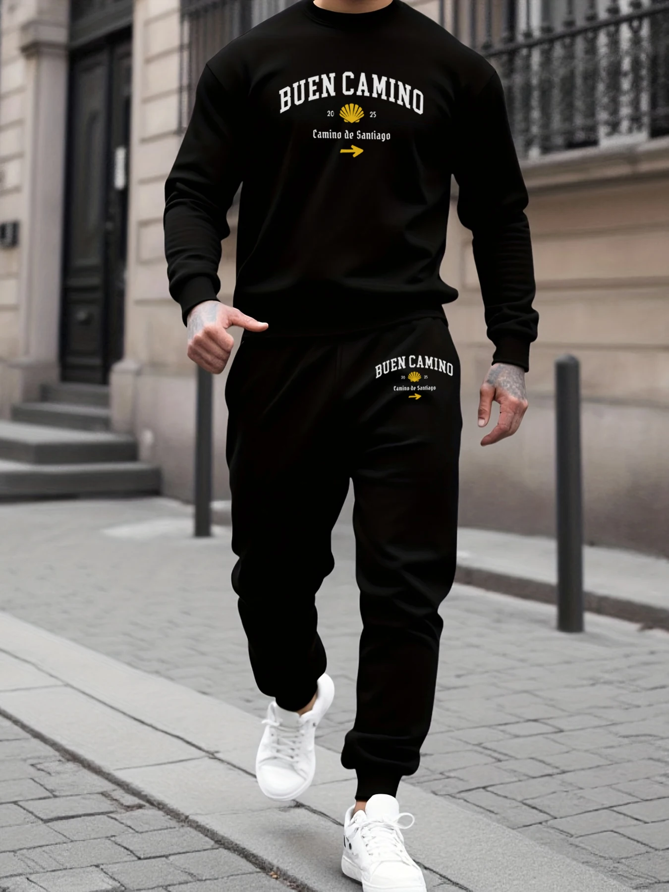 

Buen Camino Camino De Santiago Print Man Winter Fleece Hoodie Long Pants Sets Sport Comfy Sweatshirt Basic All-Match Sweatpant
