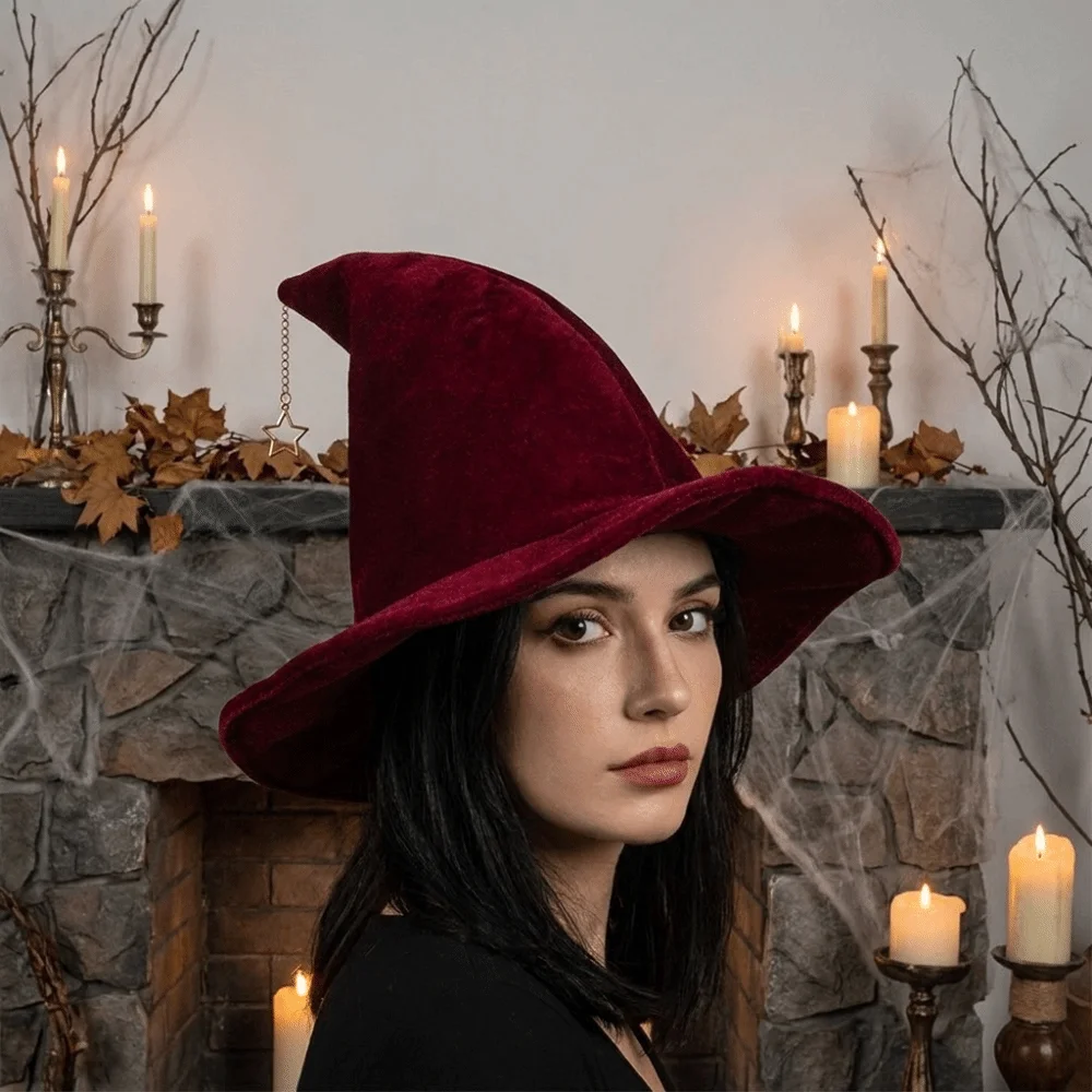 Portable Solid Color Witch Hat Star Pendant Korean Style Wool Bucket Hat Wizard Cap Foldable Halloween Hat Festival Decoration