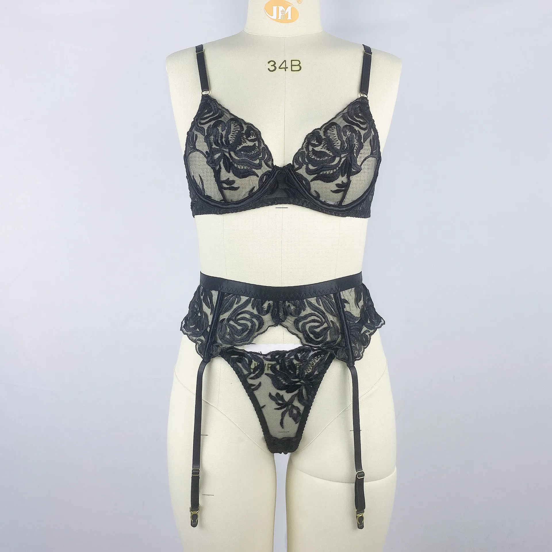 Black flower embroidery with steel ring bra and g-string panties female sexy lingerie three-piece set European and American cros