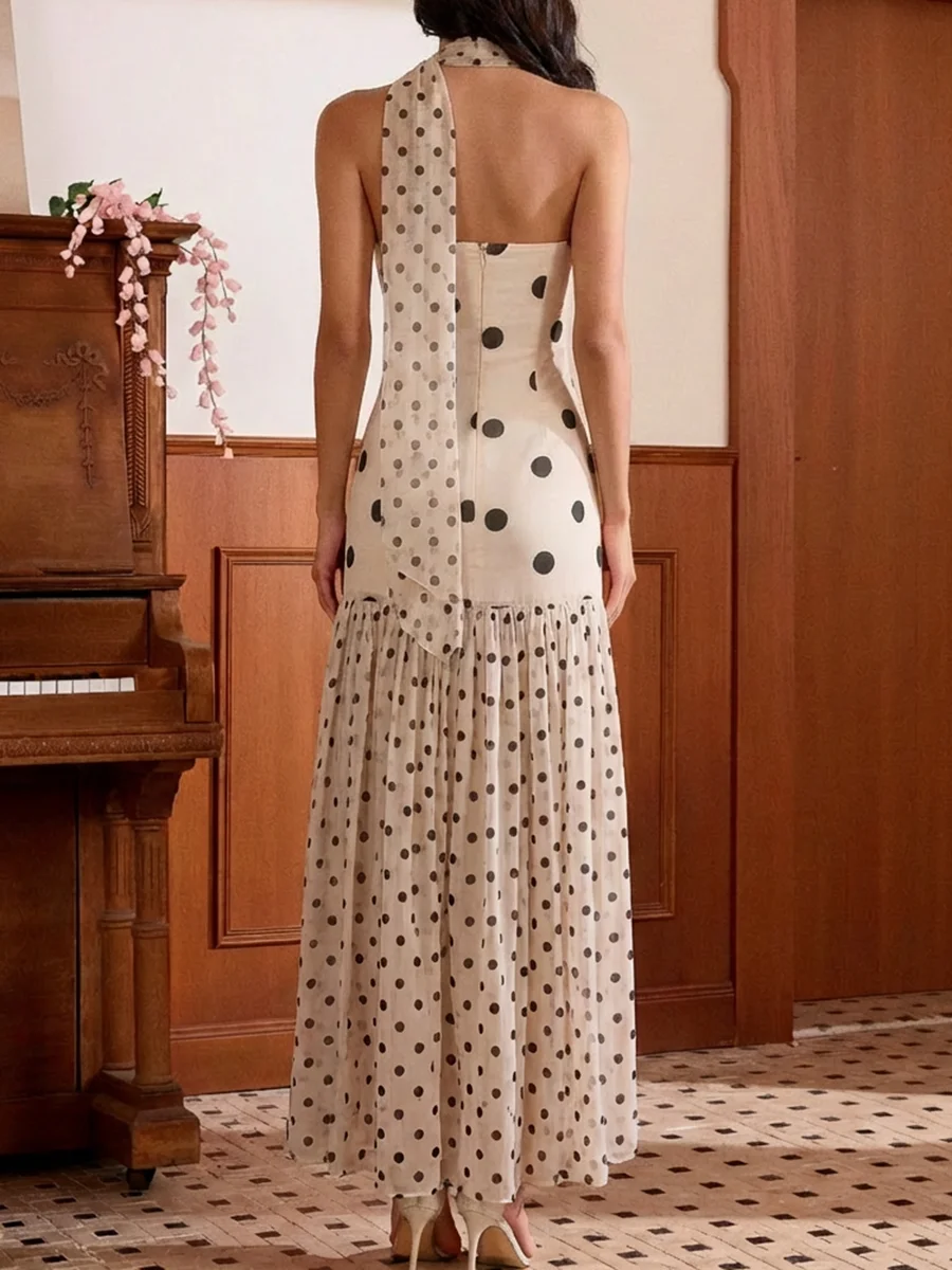 TWOTWINSTYLE Colorblock Slimming Spliced Polka Dot Dress for Women Strapless Sleeveless Patchwork Mesh Midi Dresses Female New