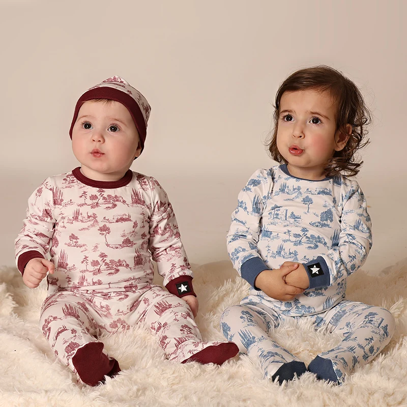 AA SS25 - Children and Baby Clothes French Toile Blue Pink Cozy Pajamas and Footies with Hat for Layette Kids Set Baby Romper
