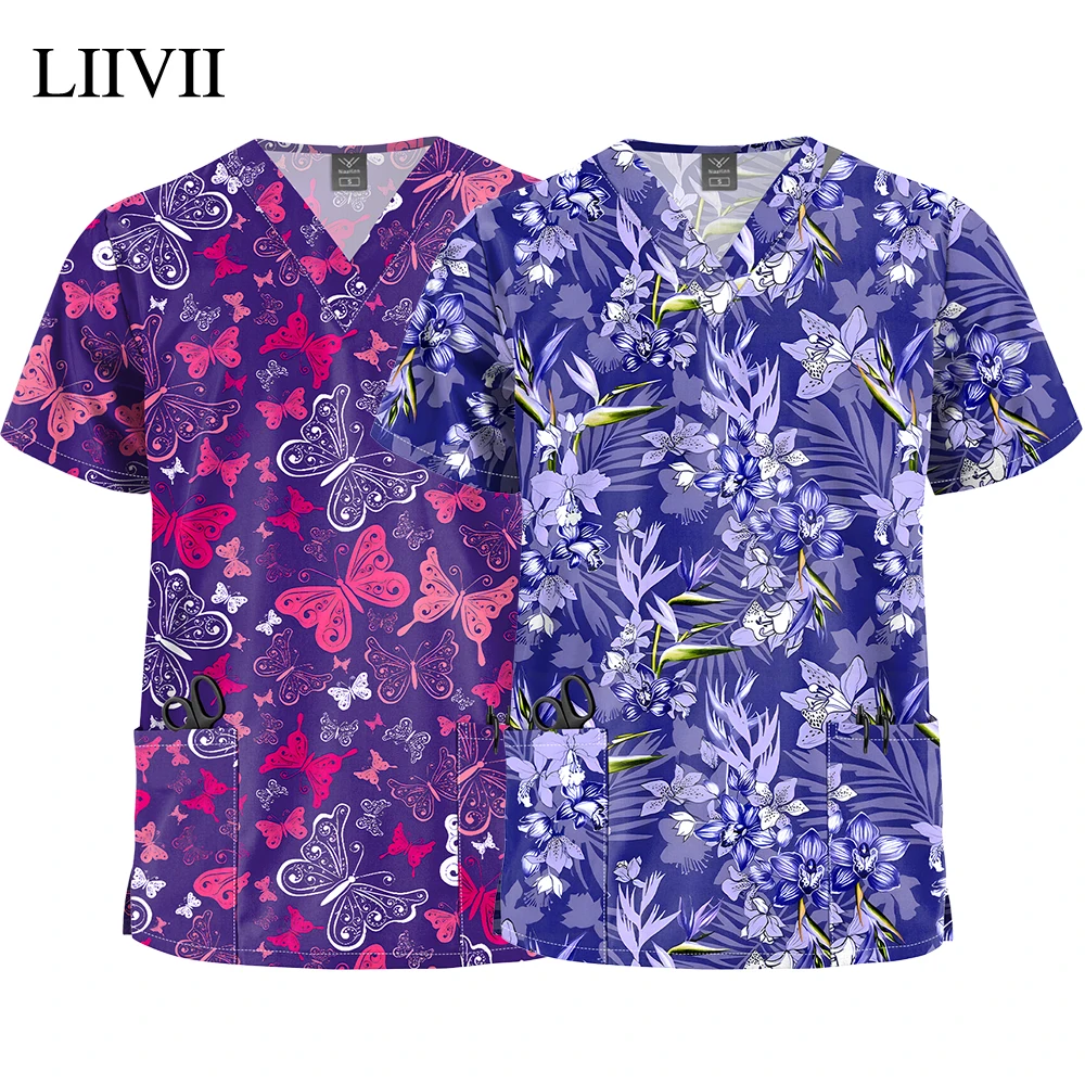 Printed Scrub Top Christmas Cartoon Clothes Shirt Short Sleeve Nursing Tee Medical Uniform Nurse Blouse V-neck Surgical Uniforms