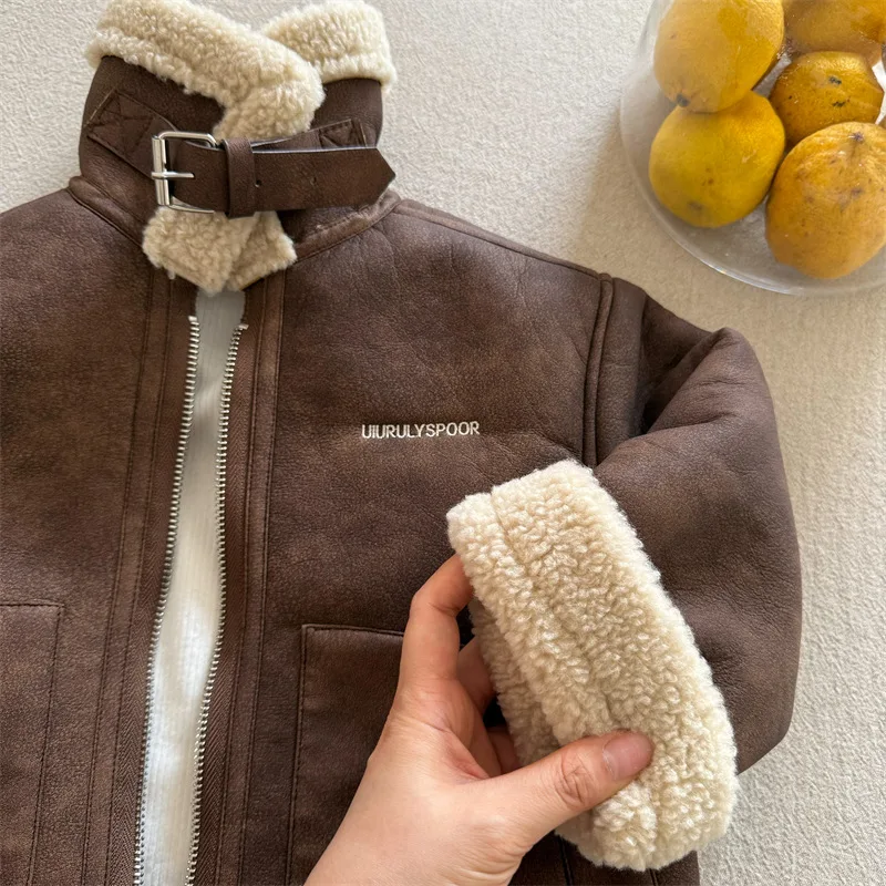 Children's jacket 2024 winter new boys and girls embroidered letter jacket baby stand-up collar fur jacket image 5