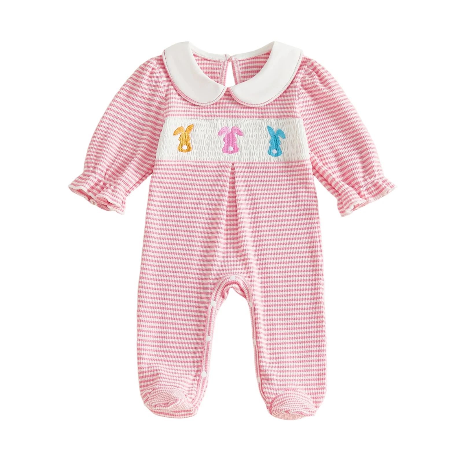 Baby Girls Footed Rompers Easter Clothes Rabbit Embroidery Waffle Stripe Doll Collar Long Sleeve Bodysuits Jumpsuits